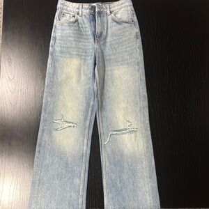 Zara Blue Flare Wide Leg Jeans Distressed